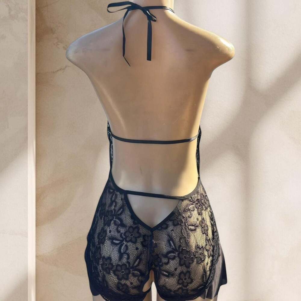 Black Lace Bodysuit Lingerie โ Halter Deep V Sheer Ruffle Detail Sexy โง L - Picture 3 of 4